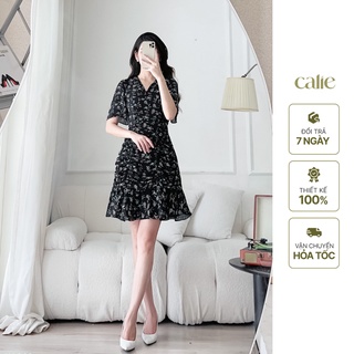 Váy dáng A hoa nhí xếp nhún trẻ trung, đầm dáng A tôn dáng Calie VA069