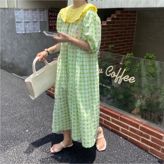 Đầm midi cổ peter pan to sọc caro xanh
