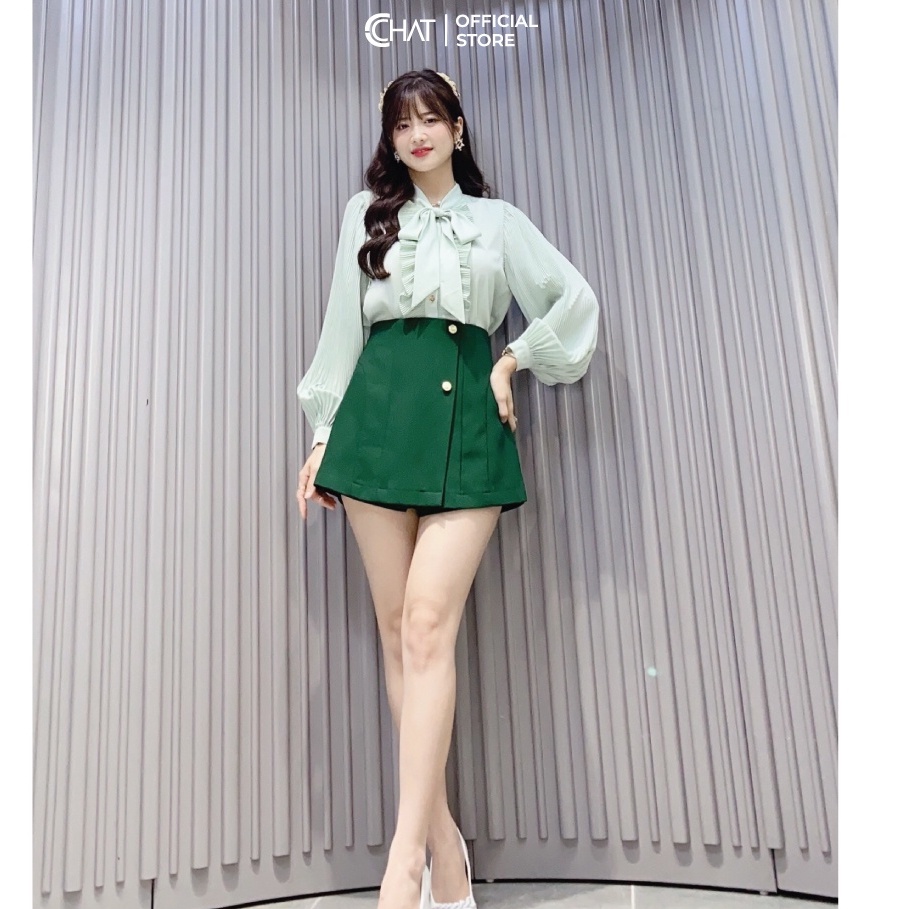 Áo Sơ Mi Nữ 𝐂𝐂𝐇𝐀𝐓 Cổ Nơ Phối Dập Ly Tay Áo Chất Lụa Cao Cấp Dáng Suông Phong Cách Trẻ Trung 12FDL2008ST