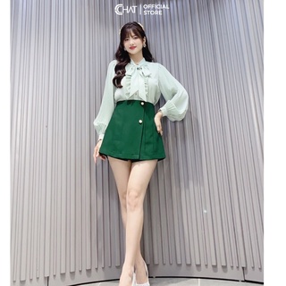 Áo Sơ Mi Nữ 𝐂𝐂𝐇𝐀𝐓 Cổ Nơ Phối Dập Ly Tay Áo Chất Lụa Cao Cấp Dáng Suông Phong Cách Trẻ Trung 12FDL2008ST