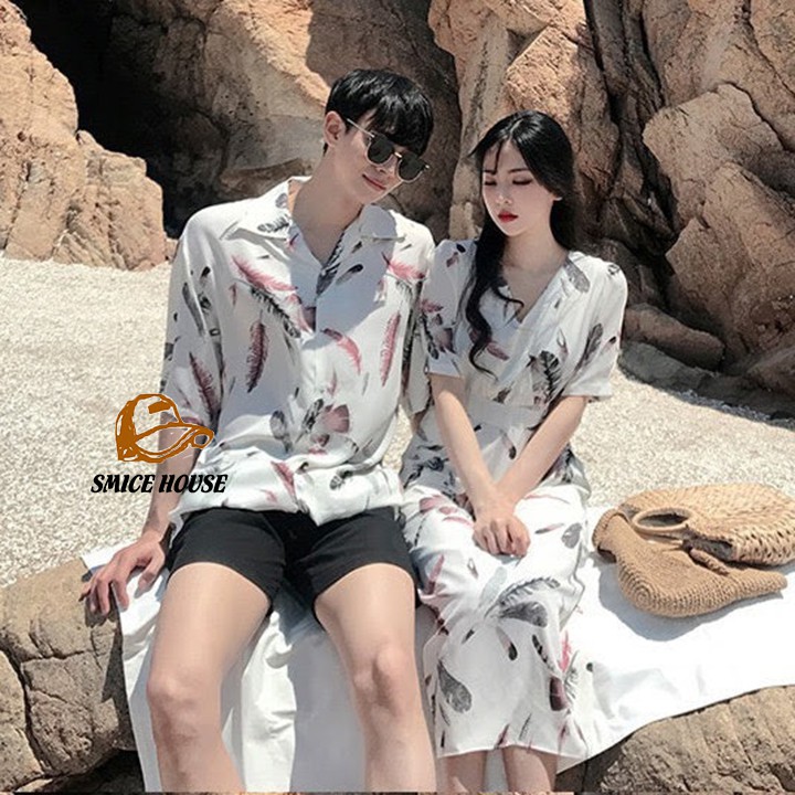 SET ĐỒ ĐÔI NAM NỮ, ÁO CẶP HOA LÁ ĐI BIỂN PHONG CÁCH HÀN QUỐC ÁO SƠ MI ĐẦM MAXI