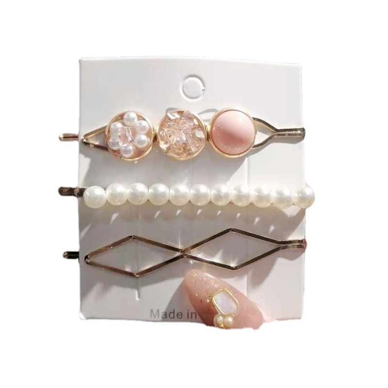 Set 3 kẹp tóc kim loại mix hạt ngọc FUHA, cặp tóc nữ đính đá phong cách Hàn Quốc