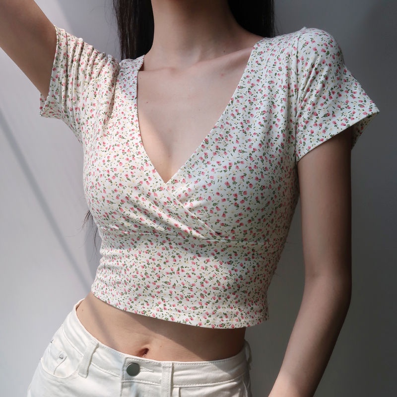 Áo Thun Ôm Cổ Chữ v In Họa Tiết Hoa Phong Cách Retro Thời Trang Mới Cho Nữ