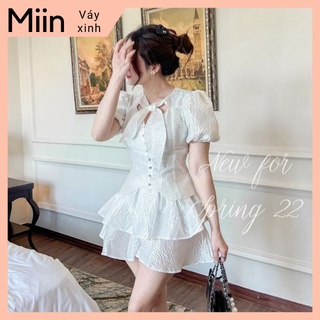 Set gấm áo cổ nơ khuy ngọc + quần váy 2 tầng