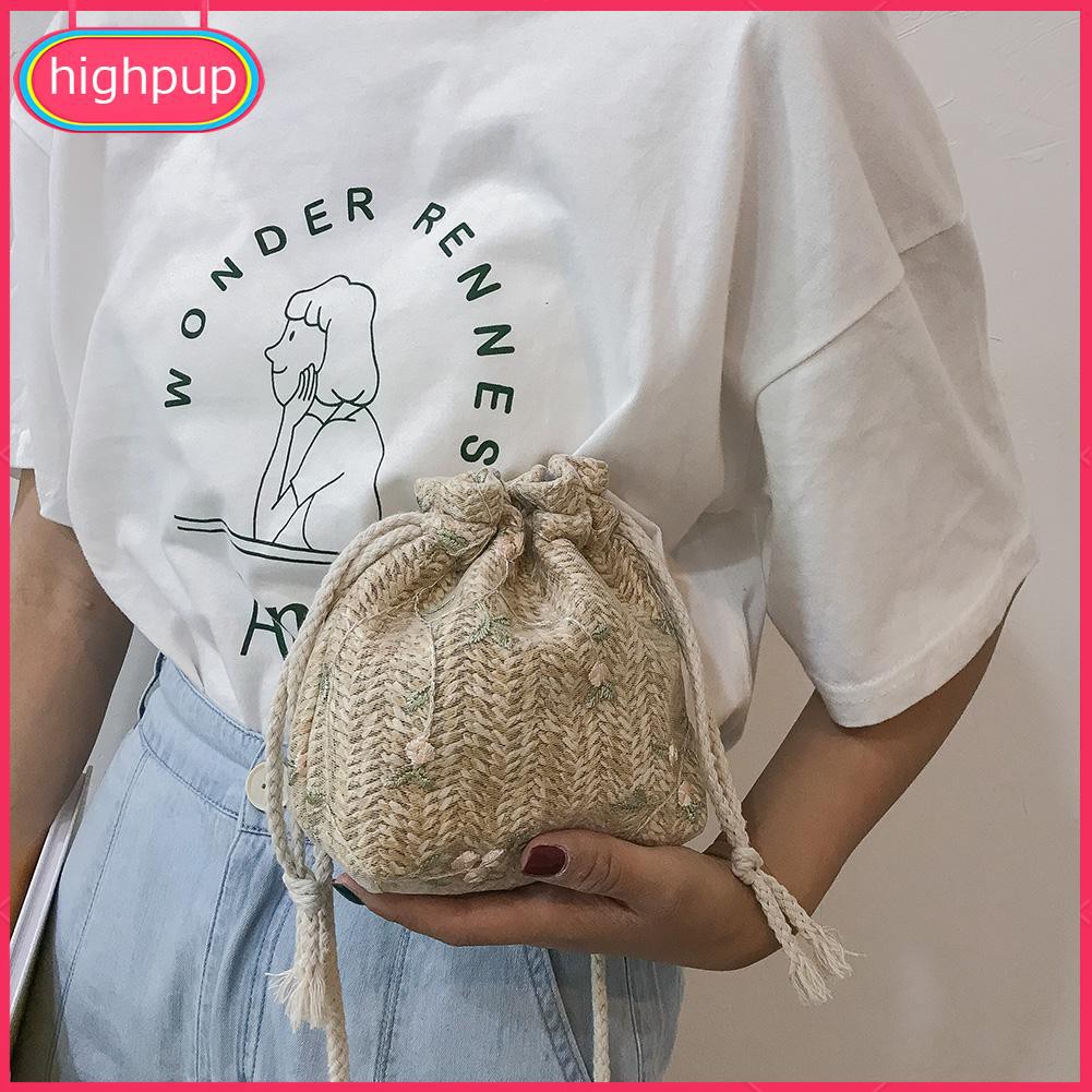 Túi đeo chéo kiểu đan dệt có dây rút thêu họa tiết hoa thời trang dành cho nữ