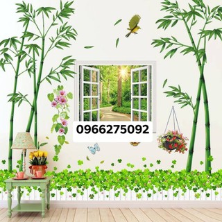 Decal dán tường Combo 3 tranh Tre xanh + hàng rào cỏ 3 lá + khung cửa sổ xanh
