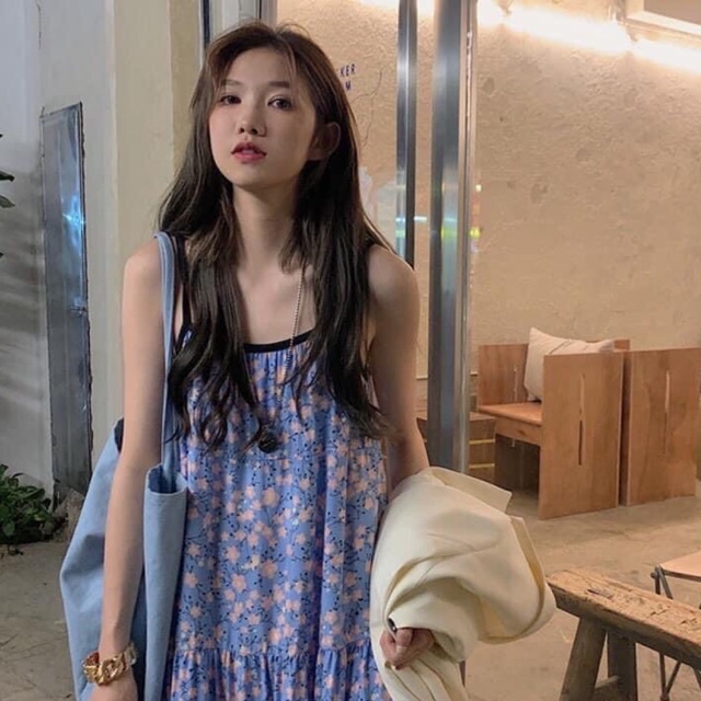 Đầm 2 dây hoa suông 2 màu Hàn Quốc