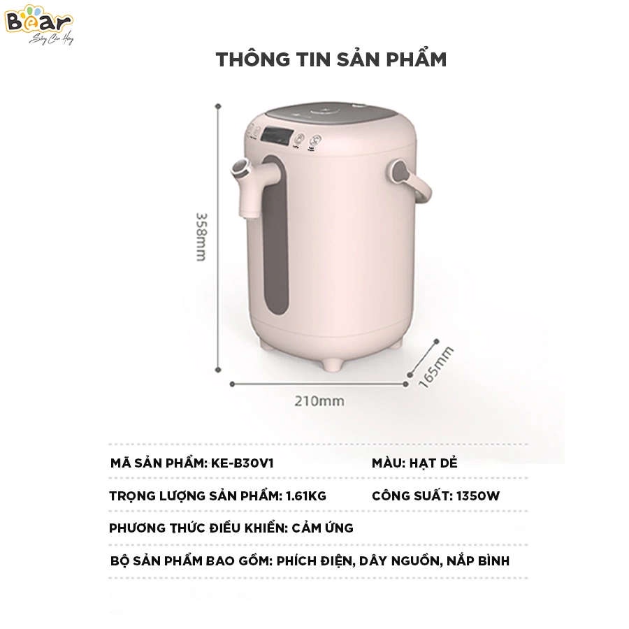 Bình thủy điện thông minh Bear KE-B30V1 dung tích 3 lít, bảo hành 18 tháng