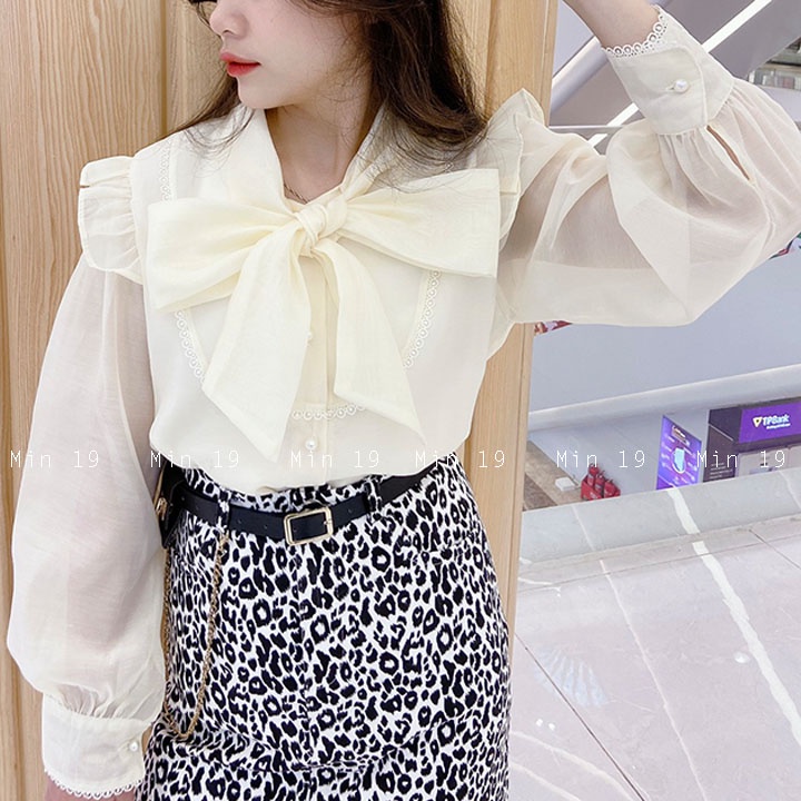 Áo Sơ Mi Kiểu Nữ Hàn Quốc Cổ Nơ Tay Phồng Bánh Bèo Tiểu Thư Form Rộng Chất Lụa Tơ Đẹp Màu Trắng Be Thời Trang