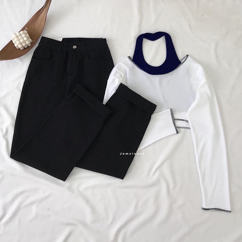 Set 3 món jean baggy đen+ croptop rua+ yếm trong TTS778