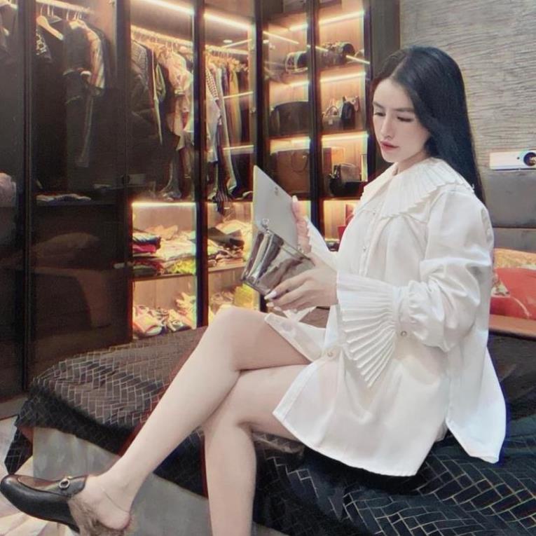 Áo Sơ Mi Trắng Nữ Cổ Bèo Dập Li Tay Loe Tiểu Thư