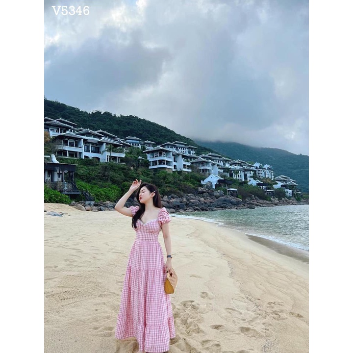 Váy kẻ hồng đầm 3 tầng 2 lớp có độn ngực maxi tay ngắn hở lưng đi biển siêu xinh-Minxy shop | BigBuy360 - bigbuy360.vn