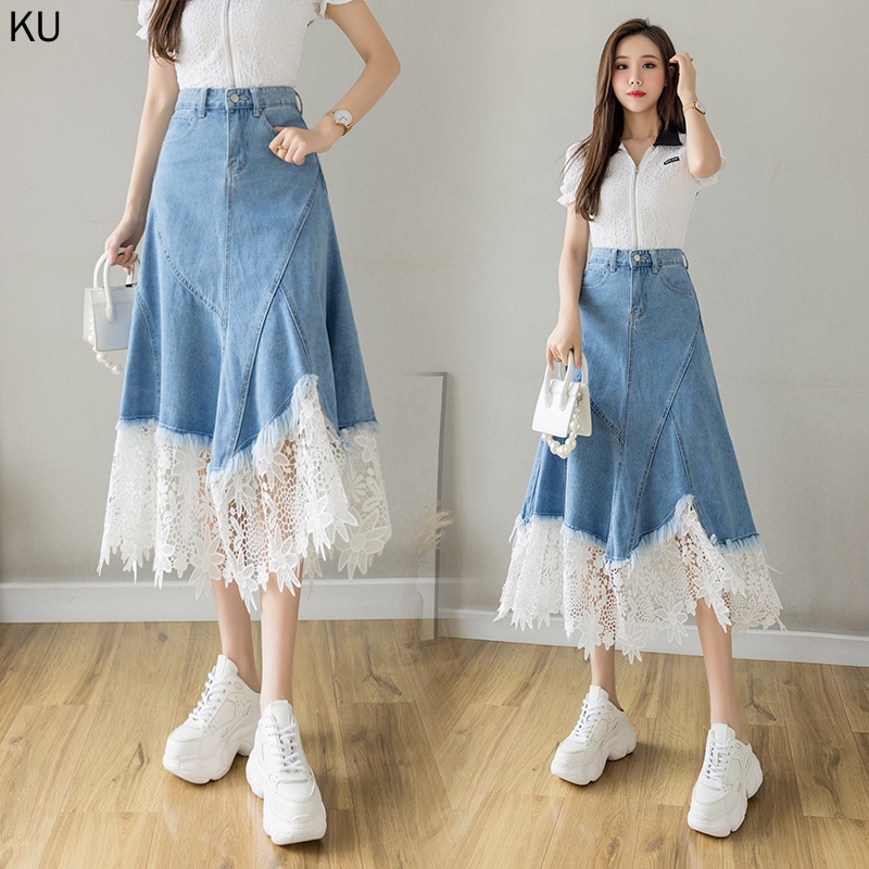 Chân Váy Denim Chữ A Lưng Cao Phối Ren Phong Cách Hàn Quốc Thời Trang Mới 2023 Cho Nữ