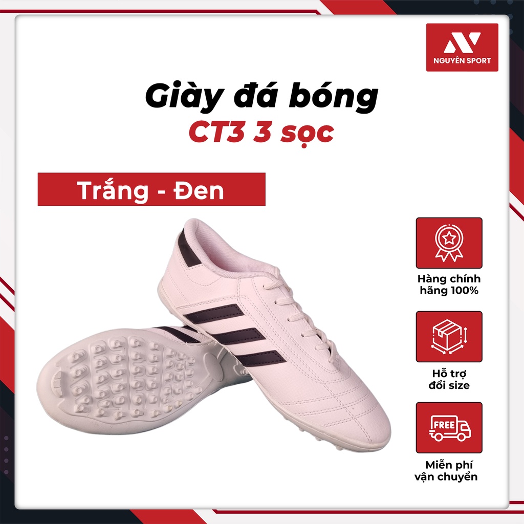 Giày Đá Bóng Nam 3 Sọc CT3 Trắng Đen - G003 Nguyên Sport