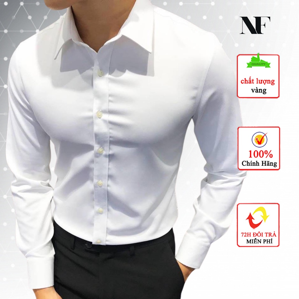 áo sơ mi nam trắng dài tay Hàn quốc form body , vải lụa thái chống nhăn cao cấp