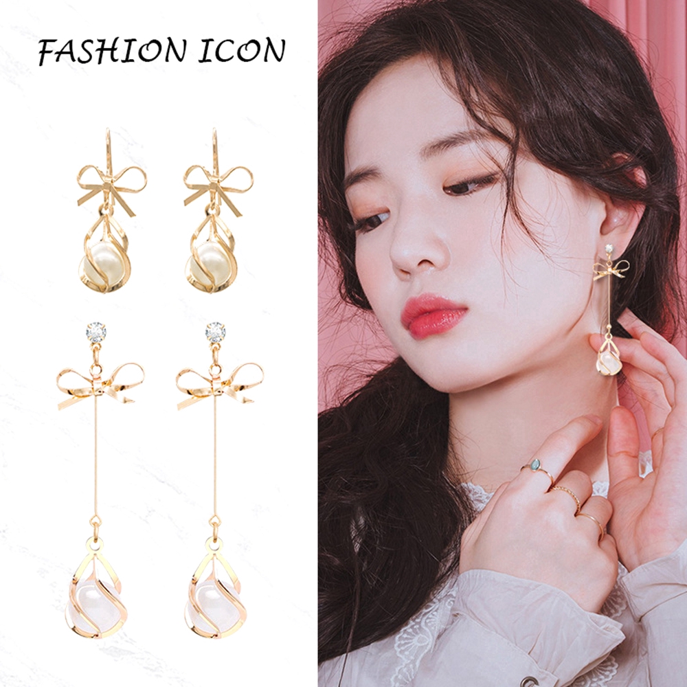 [Mã FASHIONCB7 hoàn 10K xu 50K] Bông tai dài mặt hình nơ đính đá phối hạt đá Opal trắng phong cách Hàn Quốc dành cho nữ