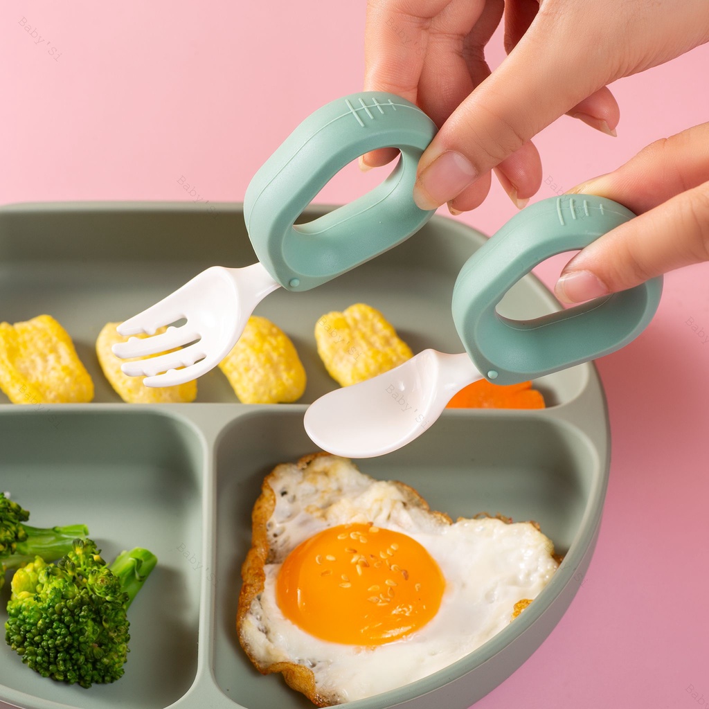 Bộ Thìa Nĩa Cán Tròn Silicone Tập Xúc, Tập Ăn Cao Cấp Thương Hiệu Baby'si Cho Bé Ăn Dặm