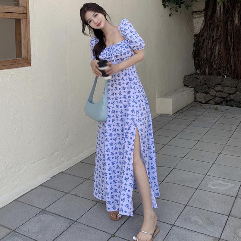 Đầm hoa tay phồng dáng dài xẻ tà thời trang mùa hè dành cho nữ