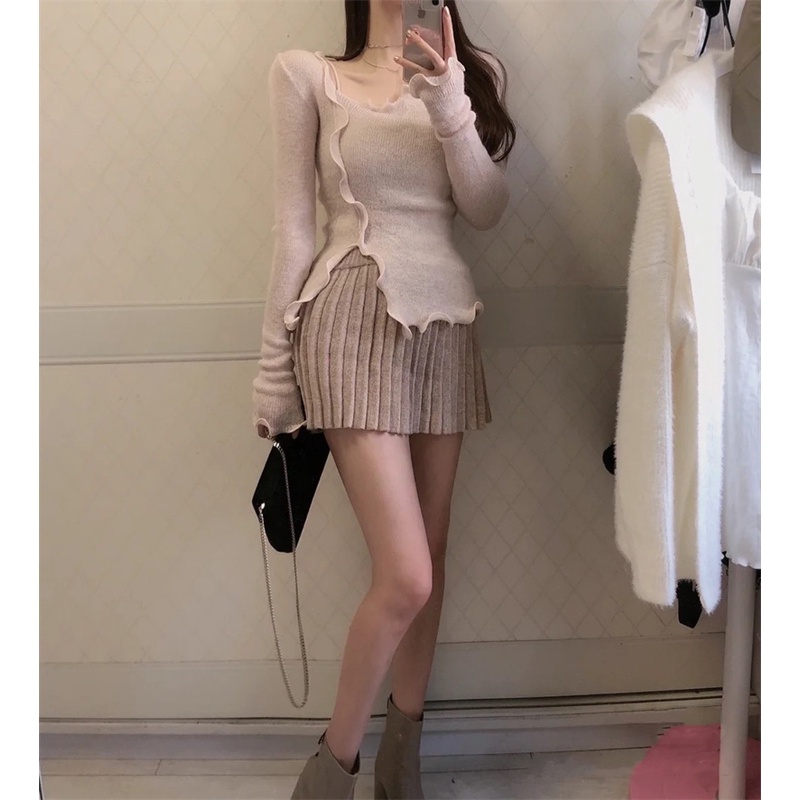 áo thun tay dài chất liệu lông ngựa và chân váy xếp ly cỡ nhỏ màu trơn ngọt ngào dành cho nữ