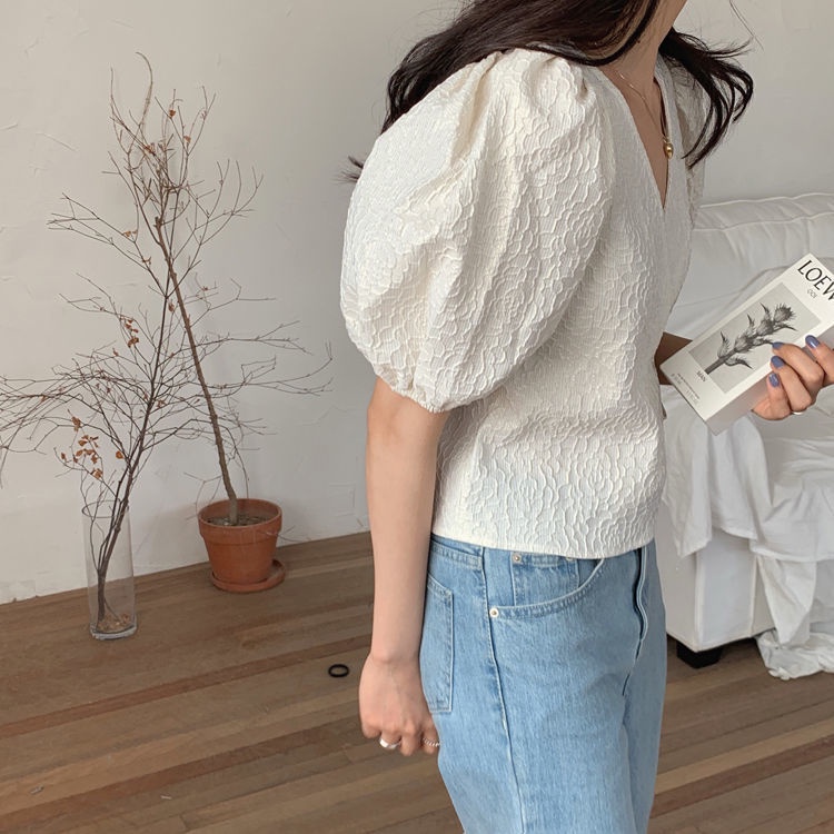 Áo Ngắn Tay Phồng Phối Ren Phong Cách Hàn Quốc Thời Trang Cho Nữ