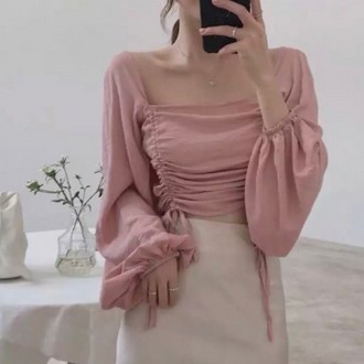 Áo croptop cổ vuông tay dài phồng phối dây rút_áo kiểu