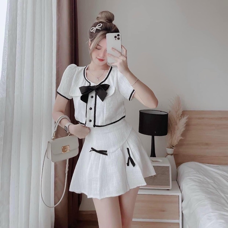 Sét Váy Dạ Xoè Trắng Nơ Xinh JARI-CLOTHES Tiểu Thư Đi Chơi Phong Cách Nhẹ Nhàng