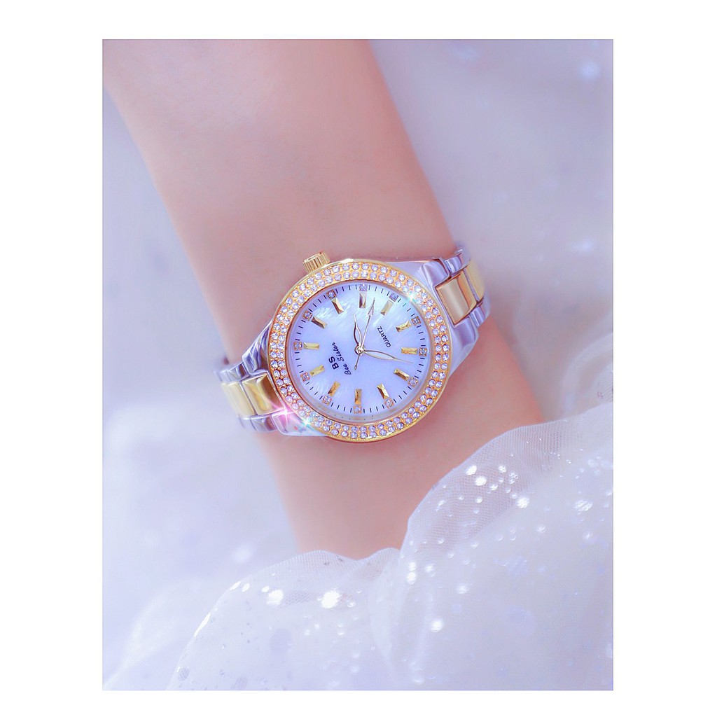 Đồng hồ nữ dây kim loại, đồng hồ đeo tay nữ chính hãng BEE SISTER đính kim cương nhân tạo cao cấp, thời trang, siêu đẹp