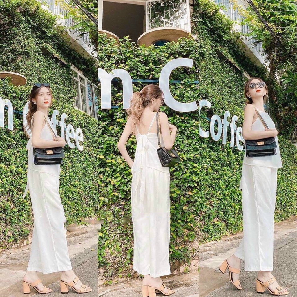 SET BỘ ÁO 2 DÂY BUỘT NƠ LƯNG QUẦN ỐNG RỘNG KIỂU DÁNG THỜI TRANG TRẺ TRUNG