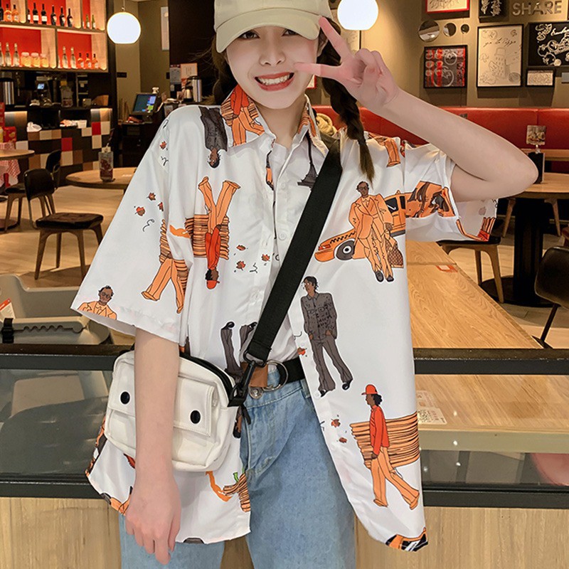 Áo Sơ Mi Tay Ngắn Hoạ Tiết In Phong Cách Retro