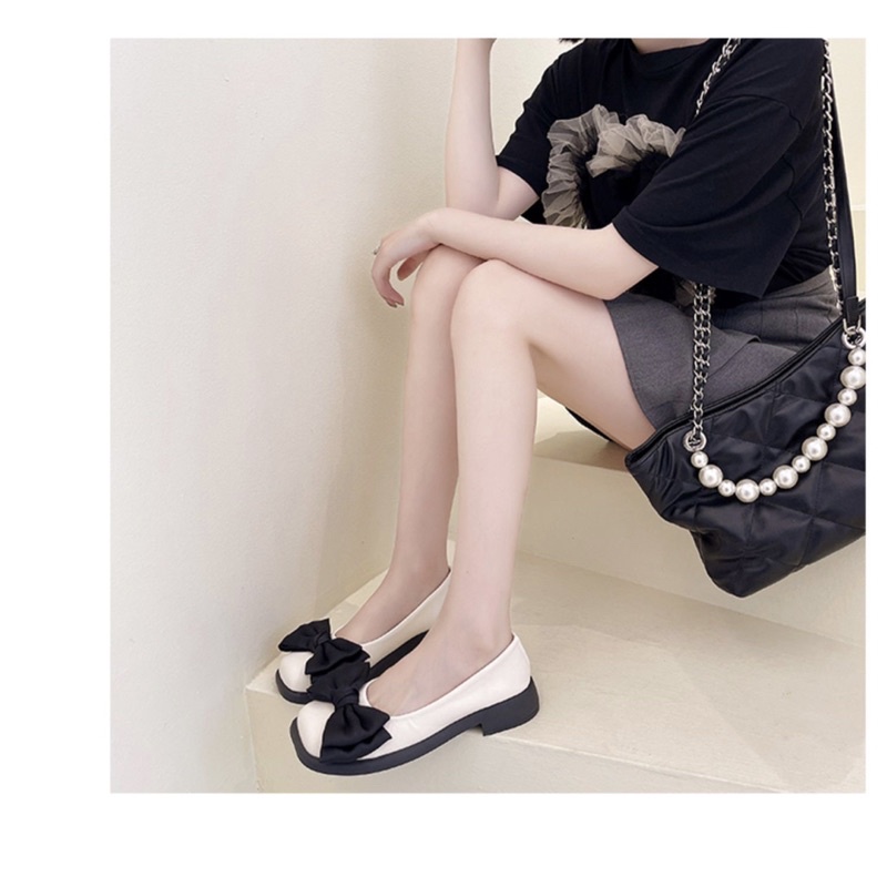 Giày búp bê nữ lolita đính nơ mũi vuông Luhana da mềm đế êm phong cách Ulzzang thời trang.Ms:BÚP BÊ NƠ