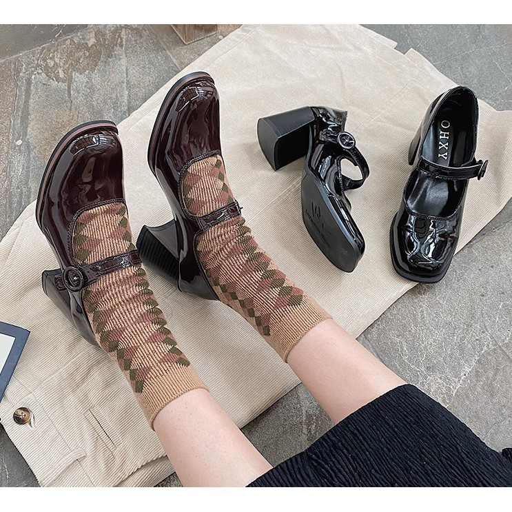 Giày búp bê cao gót đế vuông 7cm da bóng nhẹ style vintage G043