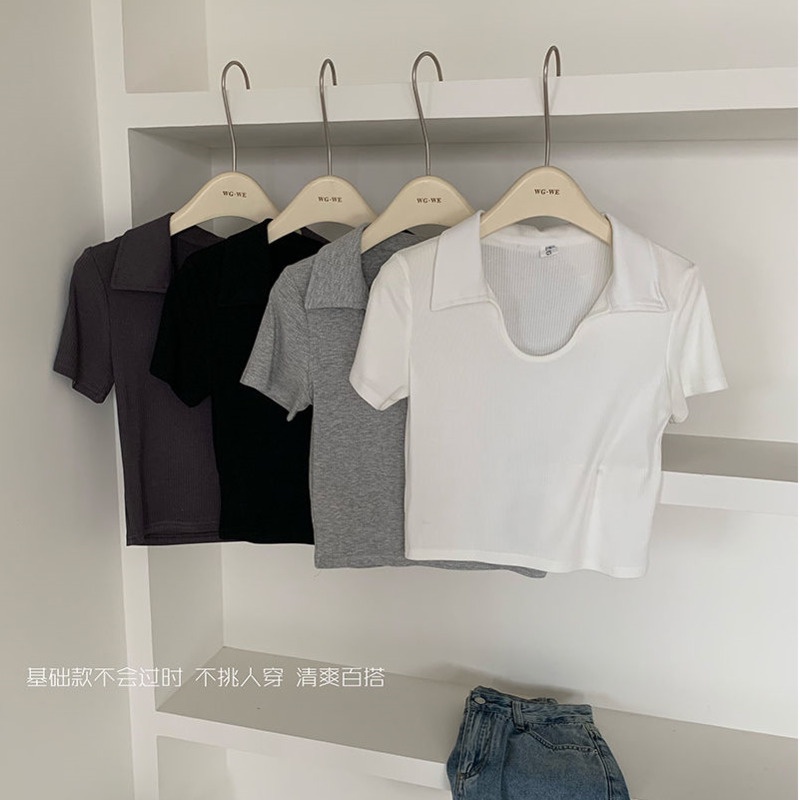 Áo polo Tay Ngắn Dáng Ôm Màu Xám Thời Trang Mùa Hè Cho Nữ