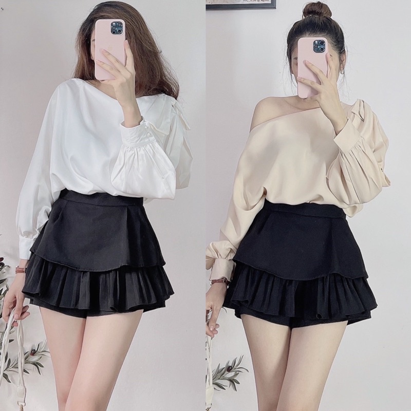 Áo sơmi lệch vai 2 màu trắng và be - Áo sơ mi nữ công sở lịch sự