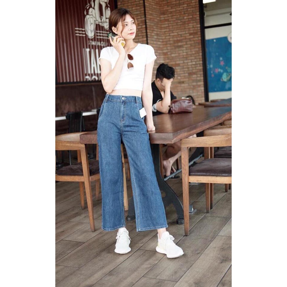 Quần Jean Ống Rộng Túi Chéo Cá Tính Trơn 100% Vải Cotton