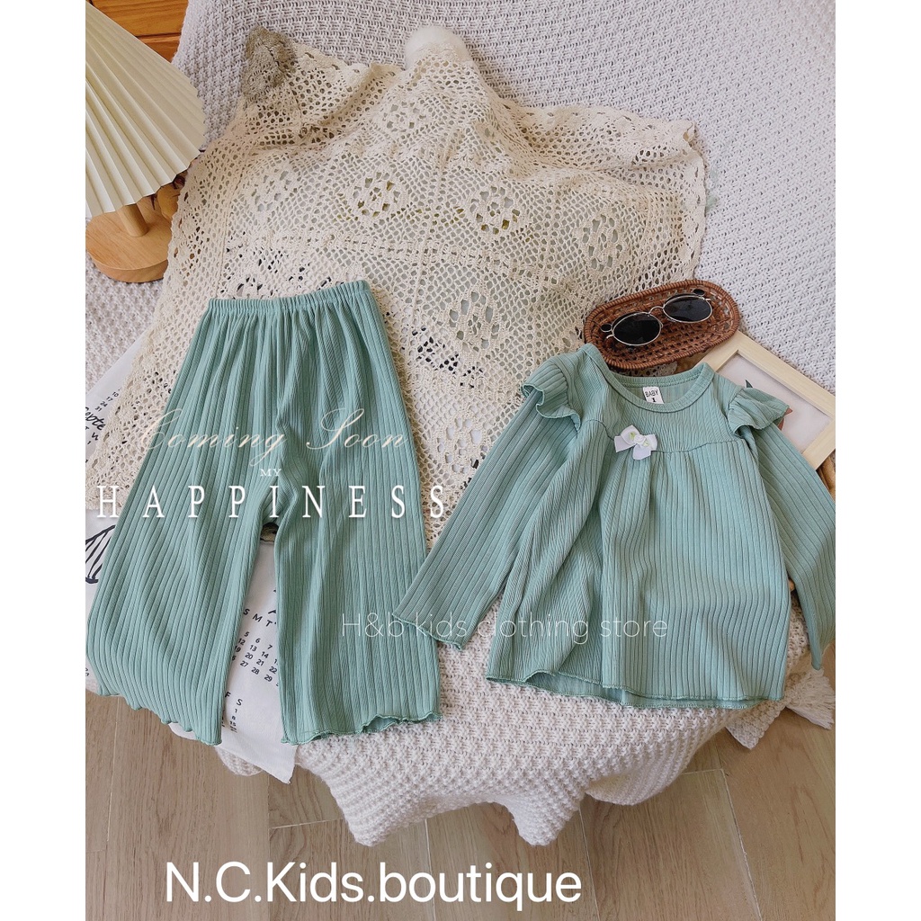 Bộ dài tay len tăm bé gái, bộ tăm đũa Quảng châu bèo vai ống rộng dáng xòe xinh xắn cho bé