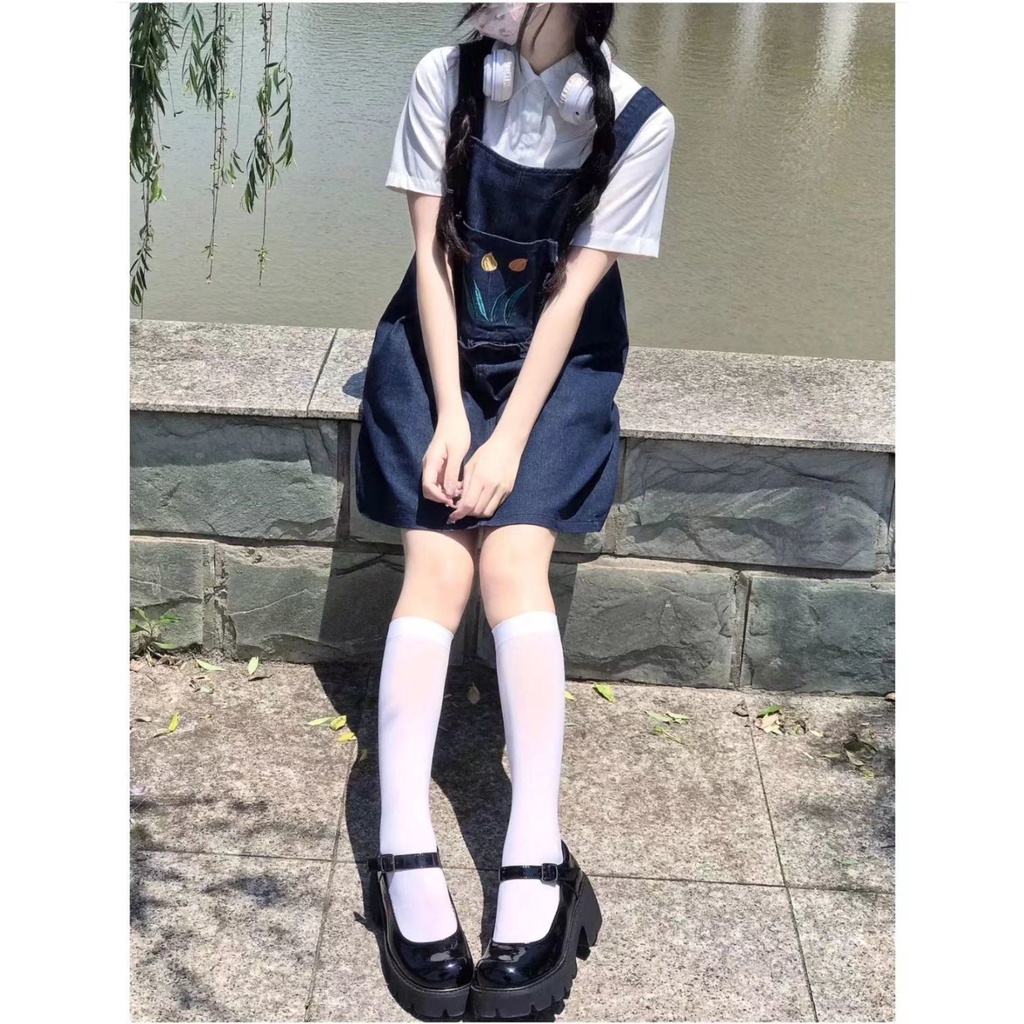 Bộ Áo Sơ Mi Trắng Dáng Rộng + Chân Váy Yếm Denim Phong Cách Nhật Hàn Thời Trang Mùa Hè Cho Nữ