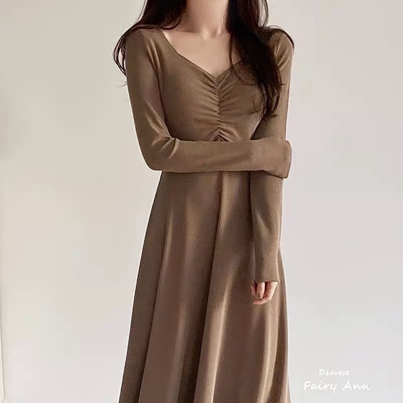 COZOK Đầm Tay Dài Cổ Chữ v Dáng Ôm Thời Trang Hàn Quốc