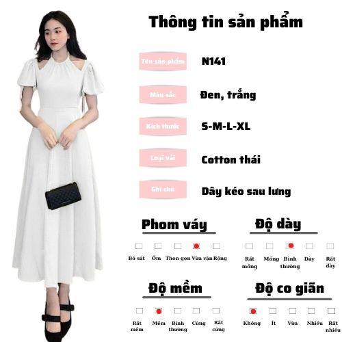 Váy cổ yếm dáng dài đầm midi cổ yếm tay phồng N141 màu đen trắng tại xưởng sỉ đầm thiết kế NER