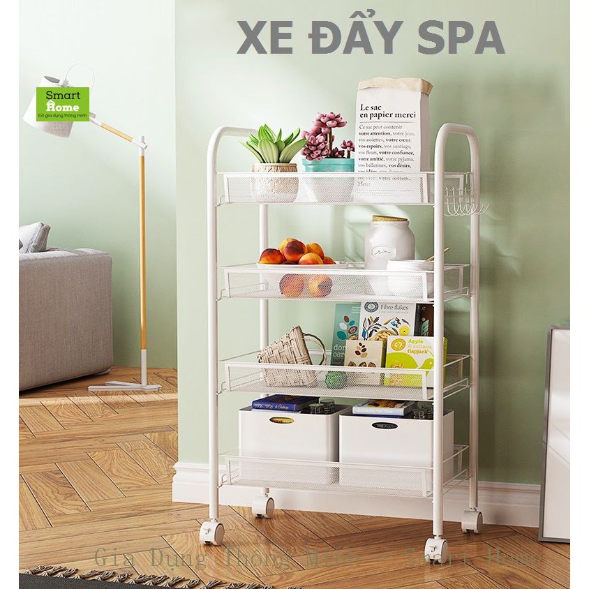 Xe Đẩy Spa 4 Tầng Thế Hệ Mới, Khung Thép Khay Lưới, Kệ Đa Năng Để Đồ SM02