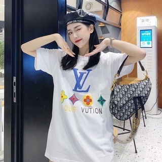 Áo Thun Cotton Tay Ngắn Dáng Rộng In Họa Tiết Lv Phong Cách Hàn Quốc Thời Trang Cho Nam Và Nữ