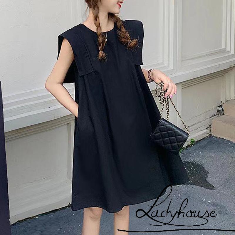 Đầm sát nách cổ tròn dáng rộng màu trơn thời trang xuân hè cho nữ