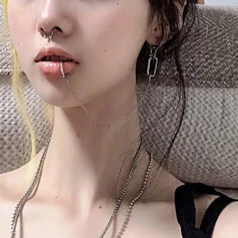 Khuyên Tai Dây Xích Đeo Môi/Mũi Không Cần Xỏ Lỗ Kiểu Punk Độc Đáo Cá Tính