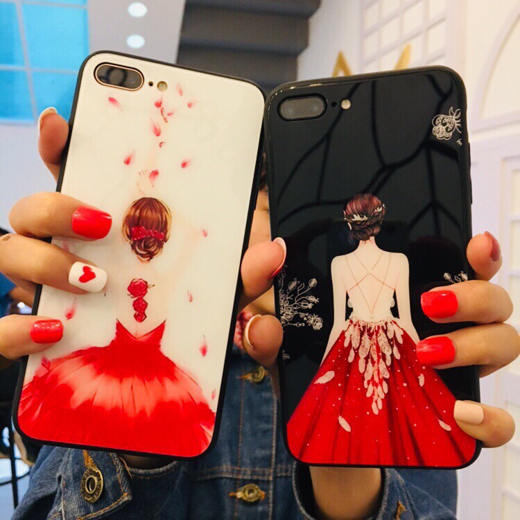 Ốp lưng iphone - ốp lưng kính iphone hình cô gái váy đỏ mặt lưng bóng dành cho ip 6 đến 14promax - k251