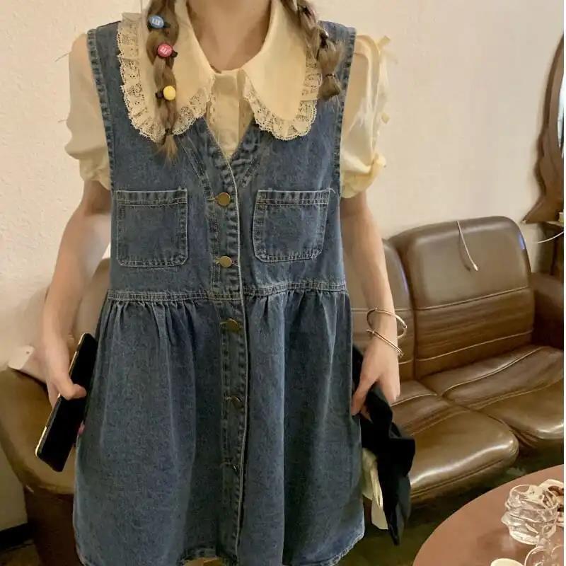 Váy Denim Ngắn Cổ Chữ v Không Tay Kiểu Mới