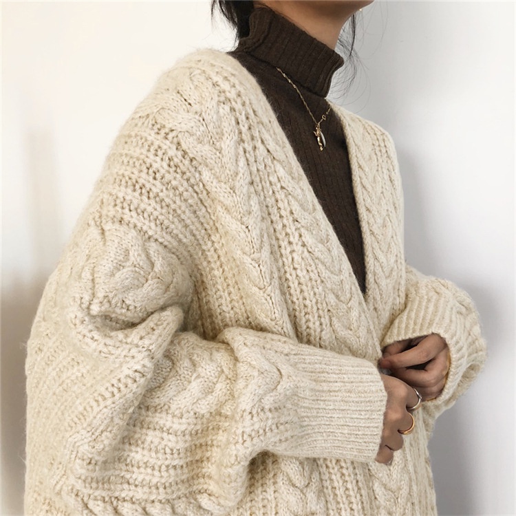 Outwardly worn Áo Khoác cardigan Dệt Kim Dày Dáng Rộng Xoắn Dài Trung Bình Đơn Giản Cổ Điển Thời Trang Cho Nữ