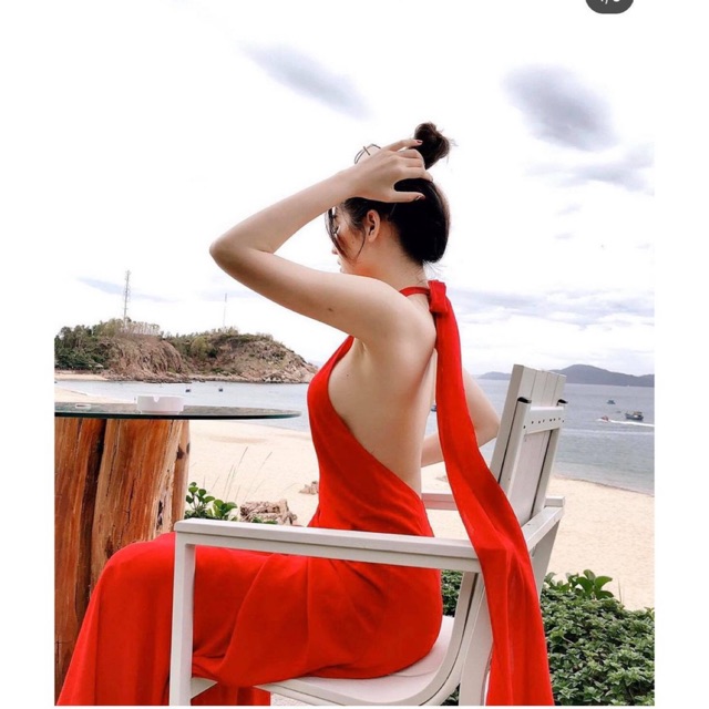 Đầm Maxi Cổ Yếm Lụa Mềm Màu Vàng, Đỏ, Trắng