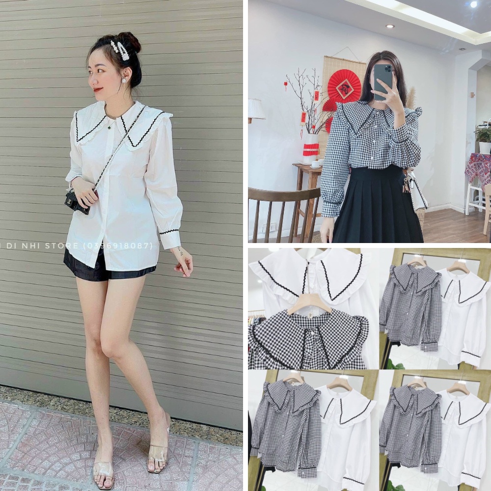 Sơ mi nữ áo sơ nữ kiểu cổ sen viền đen tay dài form rộng chất thô mềm cao cấp phong cách hàn quốc trẻ trung cá tính
