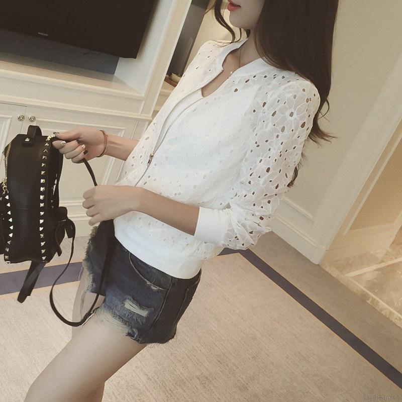 Áo khoác bomber mỏng thiết kế lỗ rỗng tay dài phối ren chống tia UV thời trang cho nữ