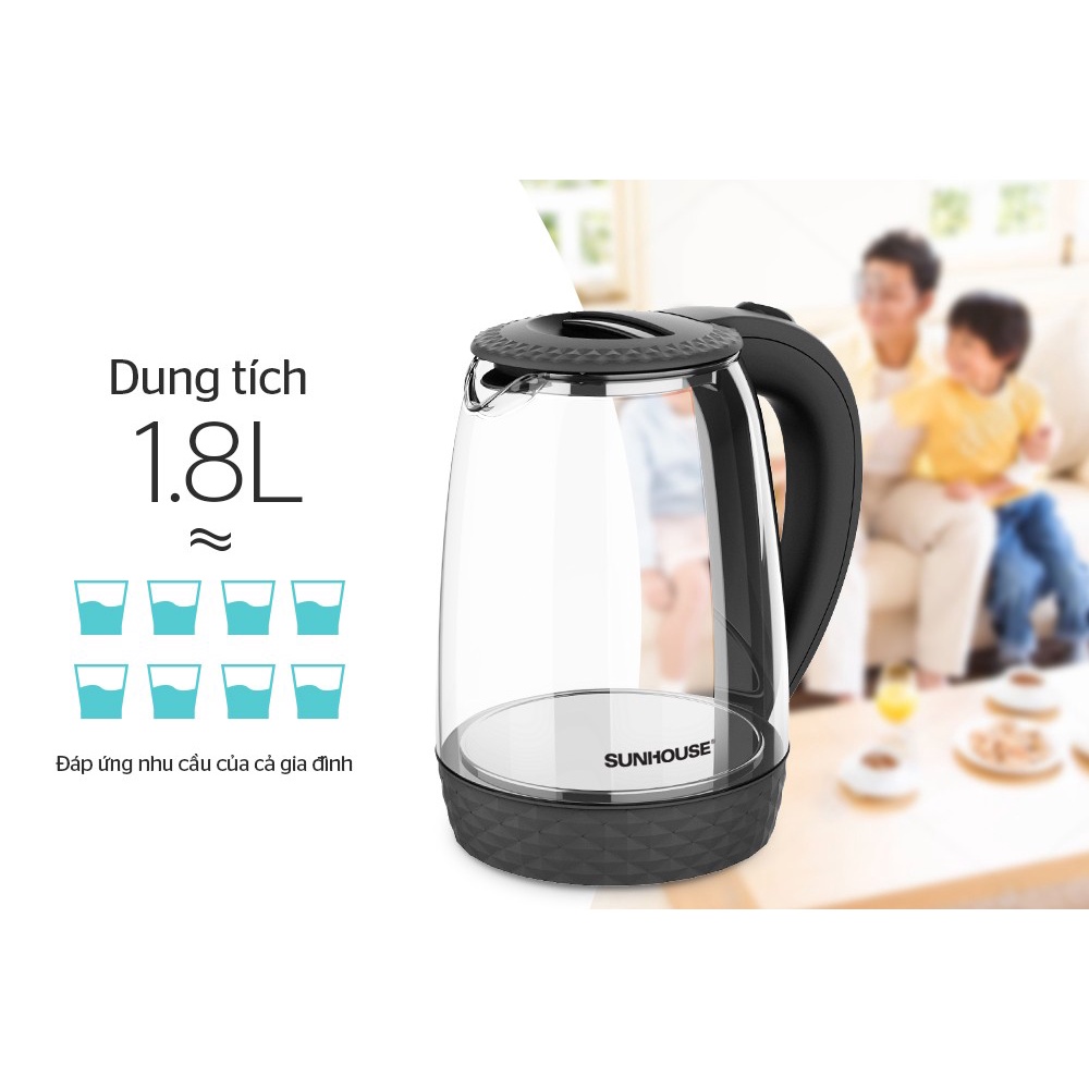 Ấm Siêu Tốc Thuỷ Tinh MAMA SUNHOUSE 1.8L Bình Đun Nước Sôi Tự Ngắt  Mới 100% Chính Hãng Bảo Hành Toàn Quốc