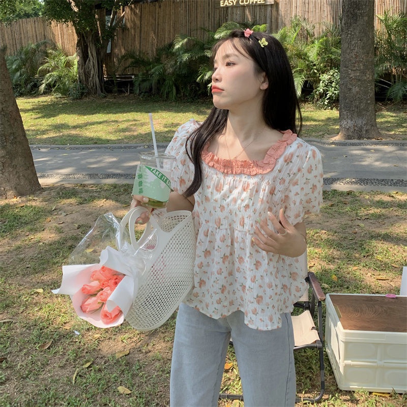 Áo Sơ Mi babydoll Tay Ngắn In Hoa Kiểu Hàn Quốc